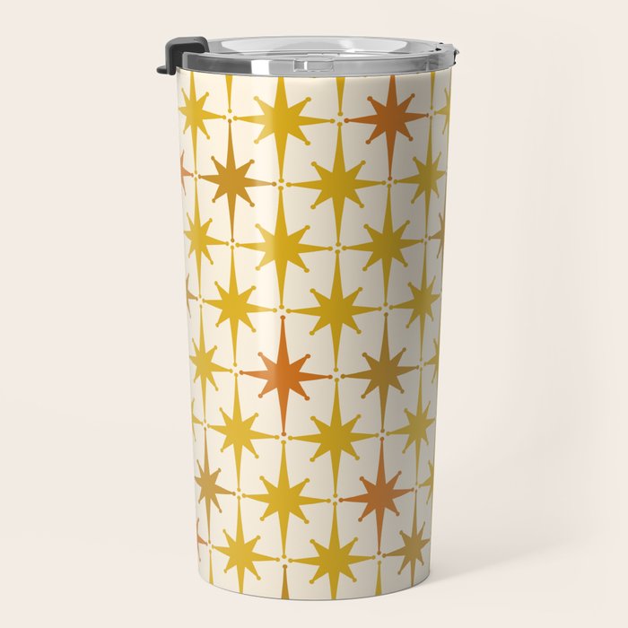 Midcentury Modern Atomic Starburst Pattern Mustard Ochre Orange Gold Cream Travel Mug Gallery Image 3