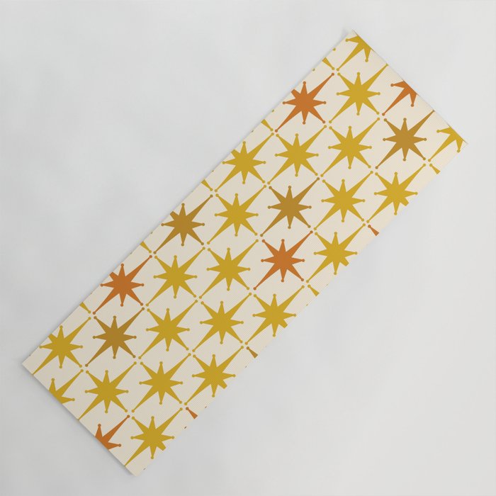 Midcentury Modern Atomic Starburst Pattern Mustard Ochre Orange Gold Cream Yoga Mat Gallery Image 1