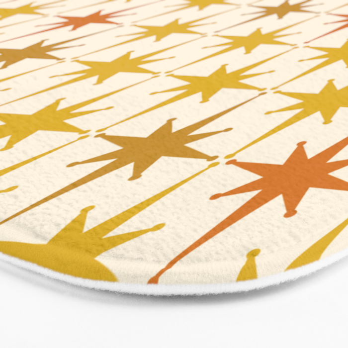 Midcentury Modern Atomic Starburst Pattern Mustard Ochre Orange Gold Cream Bath Mat Gallery Image 3