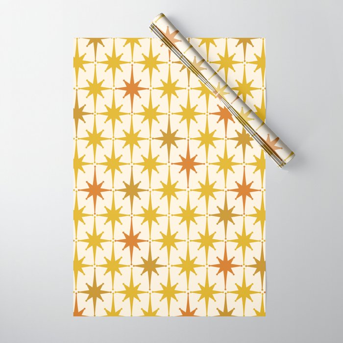 Midcentury Modern Atomic Starburst Pattern Mustard Ochre Orange Gold Cream Wrapping Paper Gallery Image 1