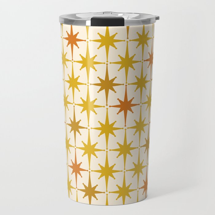 Midcentury Modern Atomic Starburst Pattern Mustard Ochre Orange Gold Cream Travel Mug Gallery Image 1