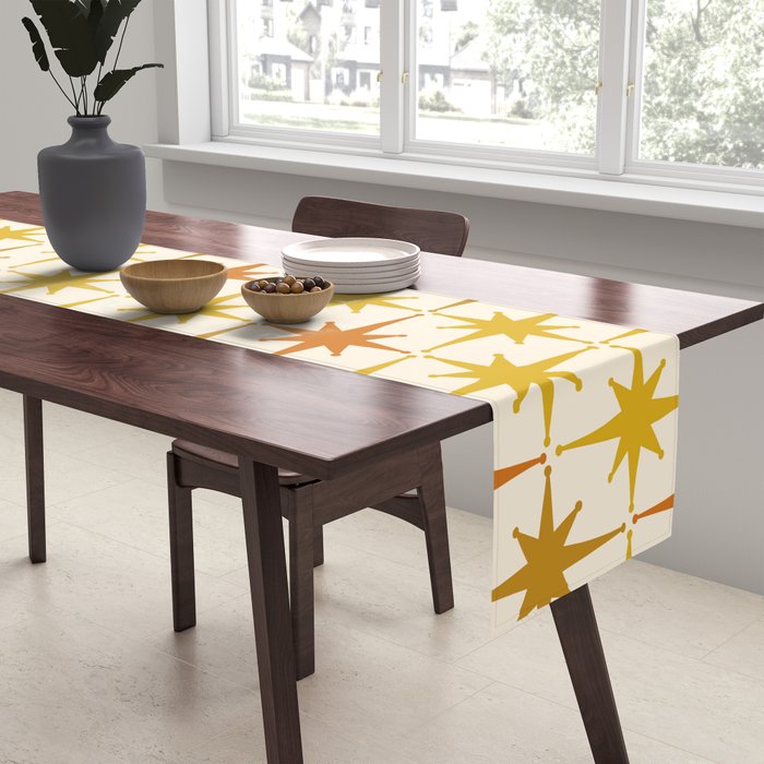 Midcentury Modern Atomic Starburst Pattern Mustard Ochre Orange Gold Cream Table Runner Gallery Image 2