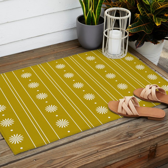 Daisy Stripes Pattern in Chartreuse Olive Yellow and White Outdoor Rug Gallery Image 2