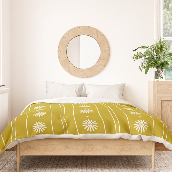 Daisy Stripes Pattern in Chartreuse Olive Yellow and White Duvet Cover Gallery Image 3