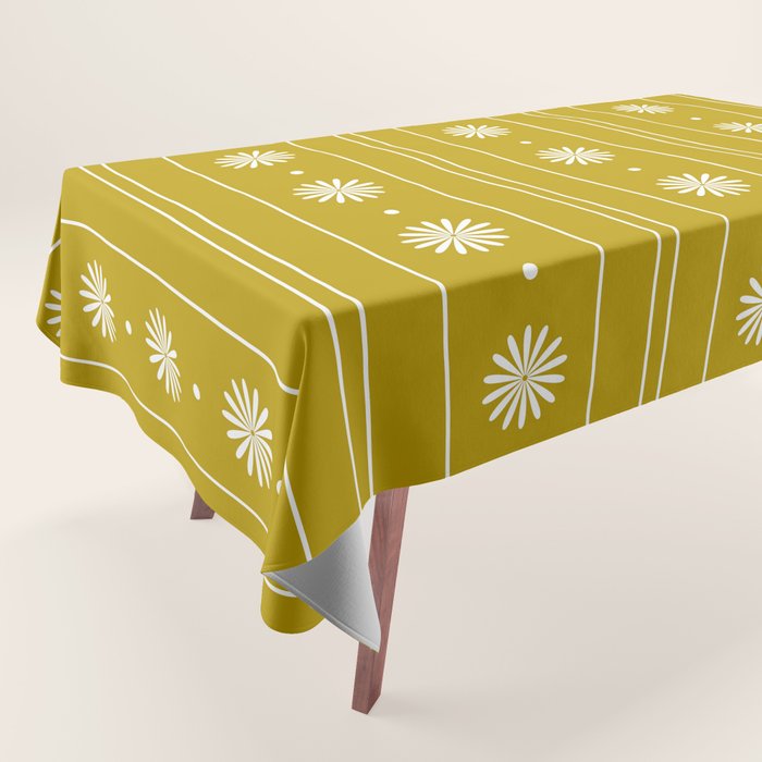 Daisy Stripes Pattern in Chartreuse Olive Yellow and White Tablecloth Gallery Image 1