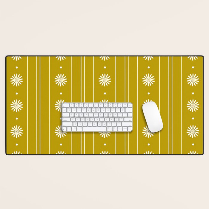 Daisy Stripes Pattern in Chartreuse Olive Yellow and White Desk Mat Gallery Image 1