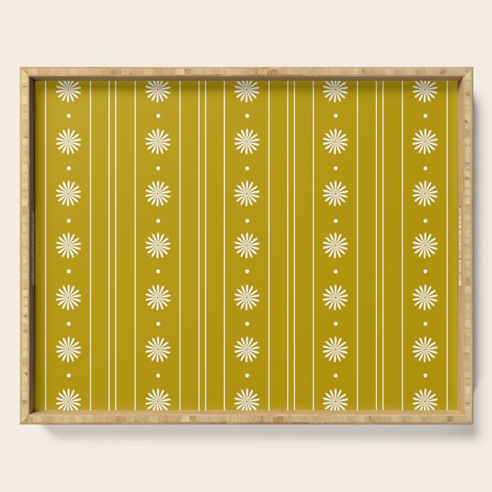 Daisy Stripes Pattern in Chartreuse Olive Yellow and White Serving Tray Gallery Image 1