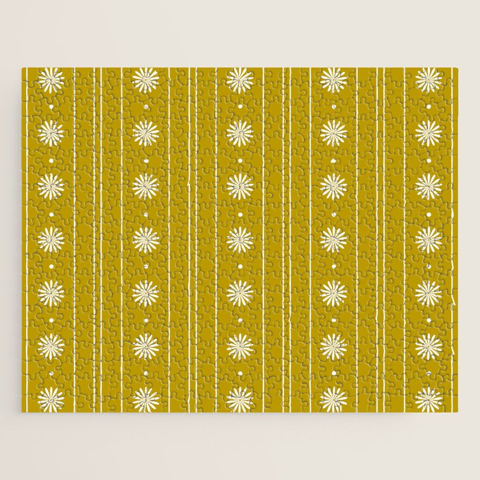 Daisy Stripes Pattern in Chartreuse Olive Yellow and White Jigsaw Puzzle Gallery Image 1