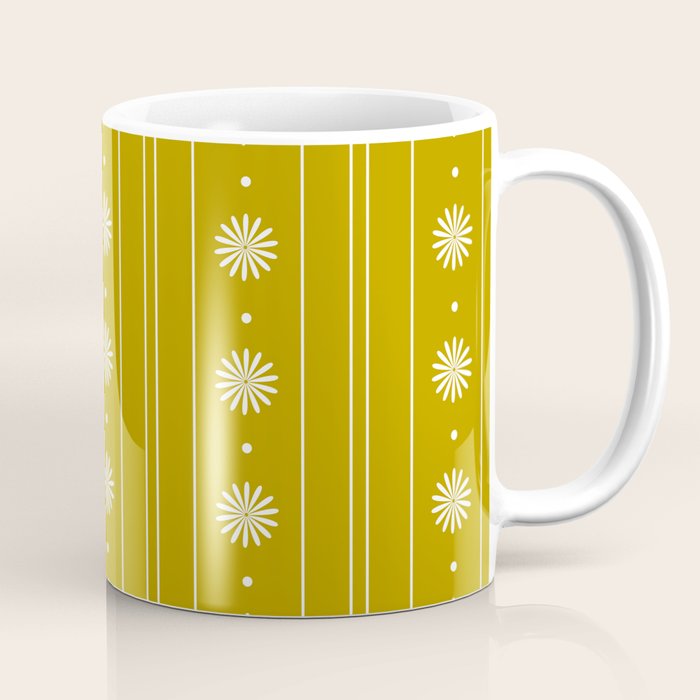 Daisy Stripes Pattern in Chartreuse Olive Yellow and White Coffee Mug Gallery Image 1