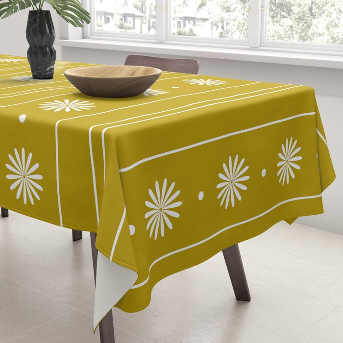 Daisy Stripes Pattern in Chartreuse Olive Yellow and White Tablecloth Gallery Image 3