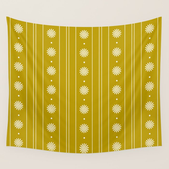 Daisy Stripes Pattern in Chartreuse Olive Yellow and White Wall Tapestry Gallery Image 4