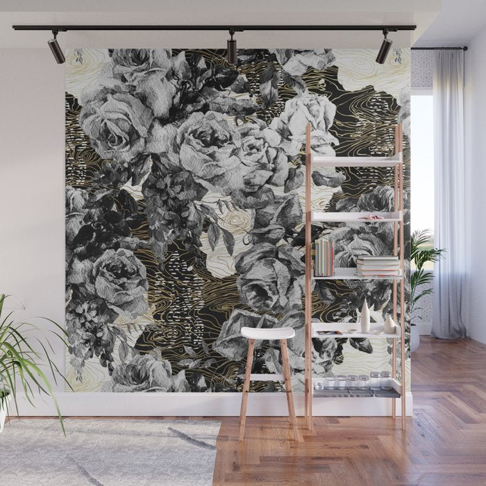 Dark abstract bloom over golden lines Wall Mural Gallery Image 1