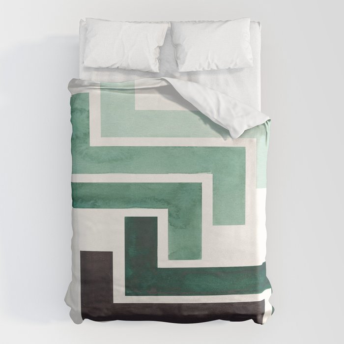 Deep Green Pattern Mid-century Modern Simple Geometric Pattern Watercolor Minimalist Art Squares Duvet Cover Gallery Image 6