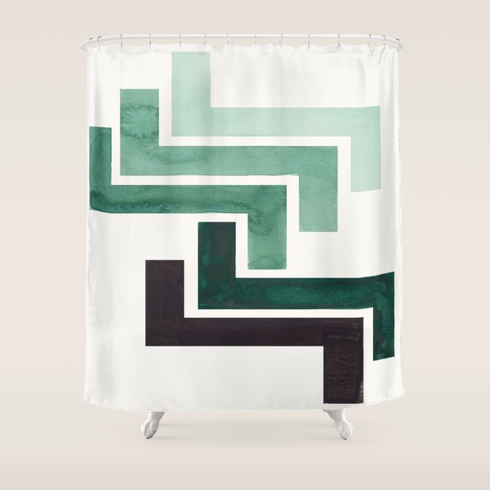 Deep Green Pattern Mid-century Modern Simple Geometric Pattern Watercolor Minimalist Art Squares Shower Curtain Gallery Image 1