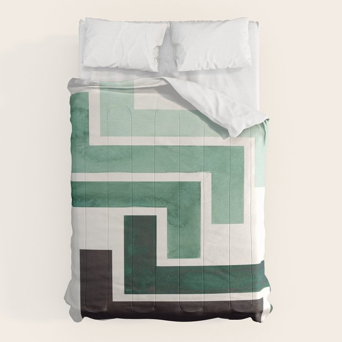 Deep Green Pattern Mid-century Modern Simple Geometric Pattern Watercolor Minimalist Art Squares Comforter Gallery Image 6