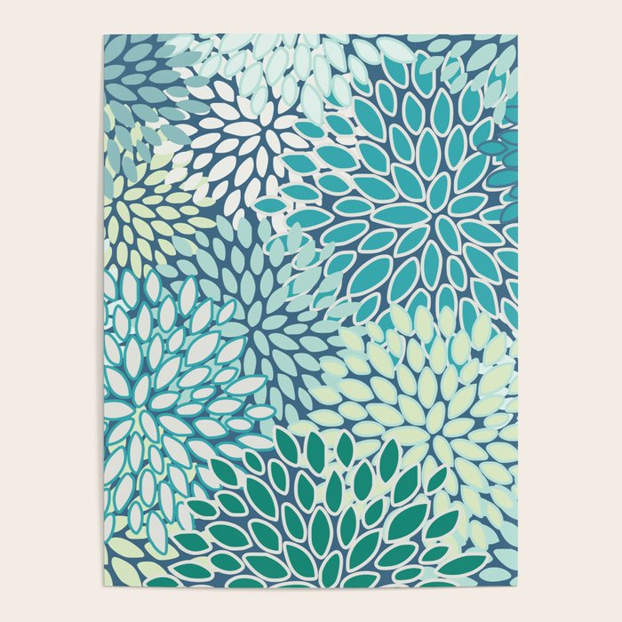 Christmas, Floral Prints, Teal, Blue and Green, Colour Prints Poster Gallery Image 1