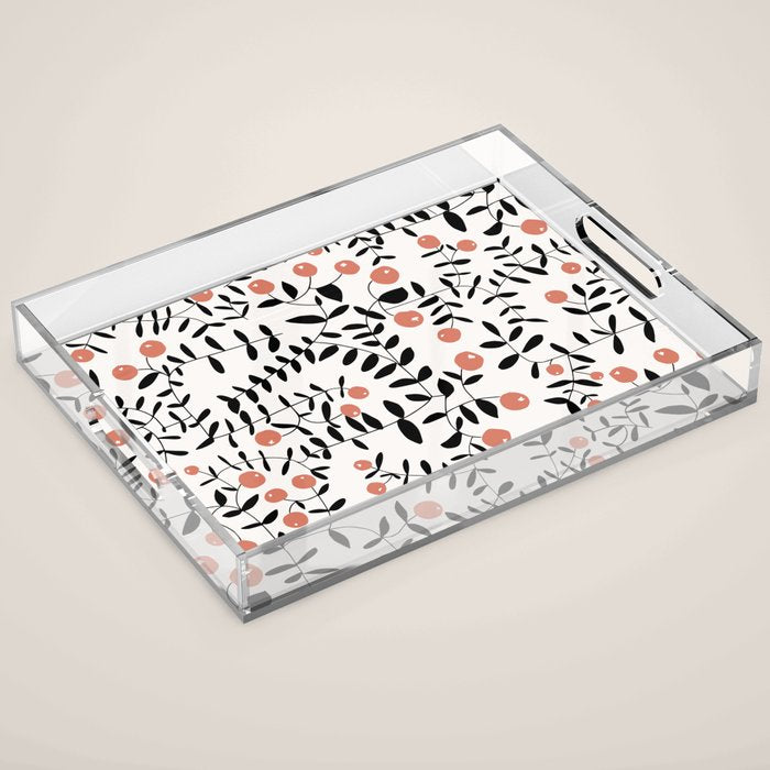 Block print berries black and white Acrylic Tray Gallery Image 1
