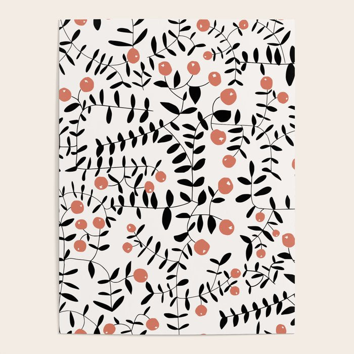 Block print berries black and white Poster Gallery Image 1