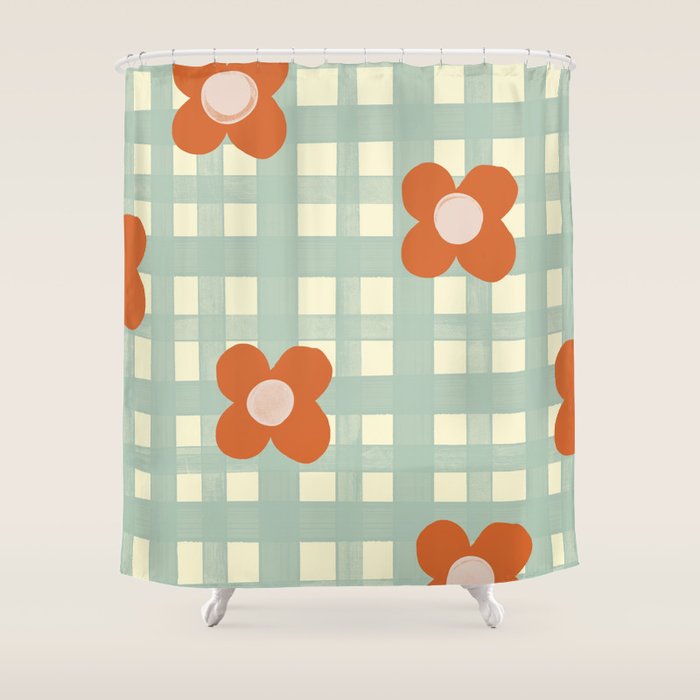 Blue and red floral check Shower Curtain Gallery Image 1