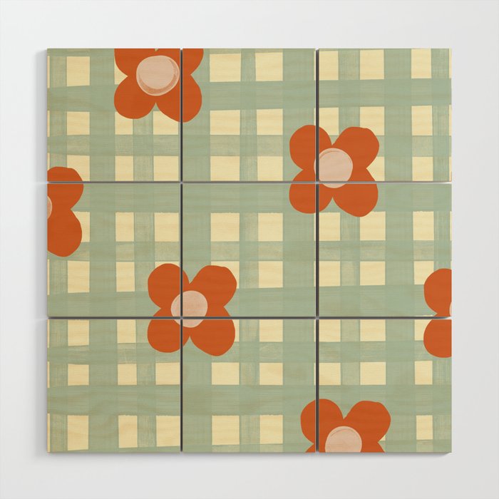 Blue and red floral check Wood Wall Art Gallery Image 1