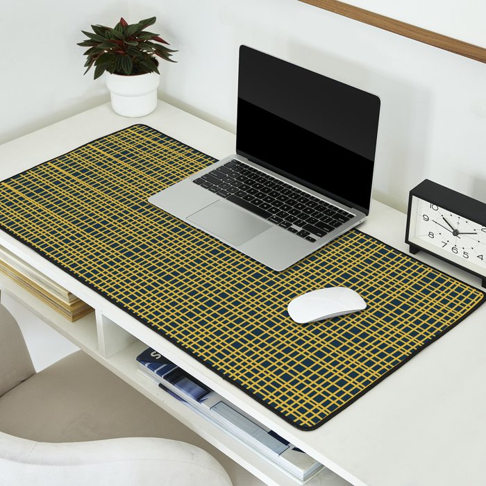 Fine Weave Retro Modern Mid-Century Pattern in Mustard Yellow and Navy Blue Desk Mat Gallery Image 2
