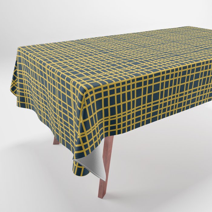 Fine Weave Retro Modern Mid-Century Pattern in Mustard Yellow and Navy Blue Tablecloth Gallery Image 1