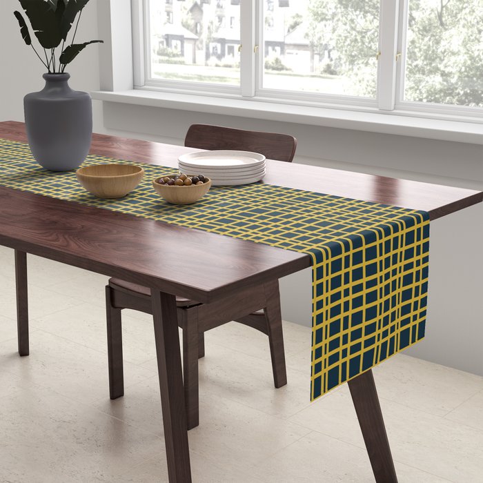 Fine Weave Retro Modern Mid-Century Pattern in Mustard Yellow and Navy Blue Table Runner Gallery Image 2