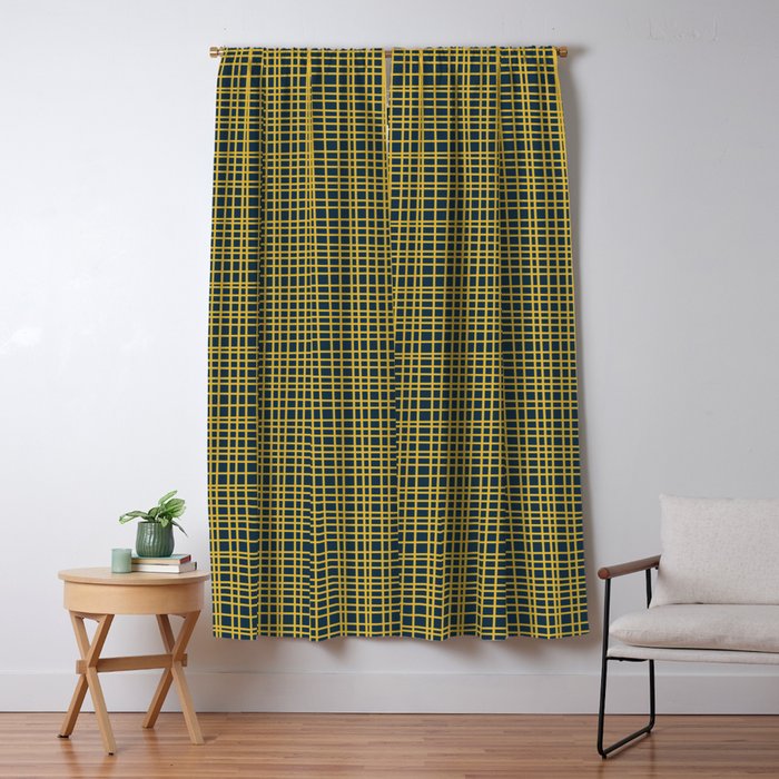 Fine Weave Retro Modern Mid-Century Pattern in Mustard Yellow and Navy Blue Window Curtain Gallery Image 1