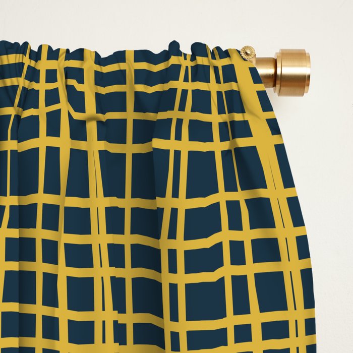 Fine Weave Retro Modern Mid-Century Pattern in Mustard Yellow and Navy Blue Window Curtain Gallery Image 2