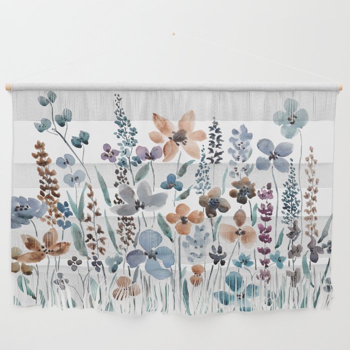 watercolor blue brown wildflower field  Wall Hanging Gallery Image 1