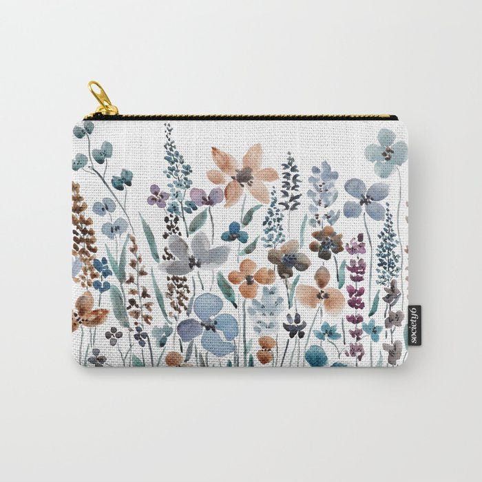 watercolor blue brown wildflower field  Carry All Pouch Gallery Image 1