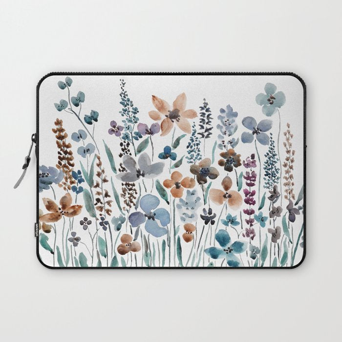 watercolor blue brown wildflower field  Laptop Sleeve Gallery Image 1