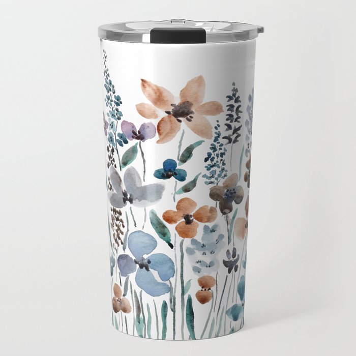 watercolor blue brown wildflower field  Travel Mug Gallery Image 1