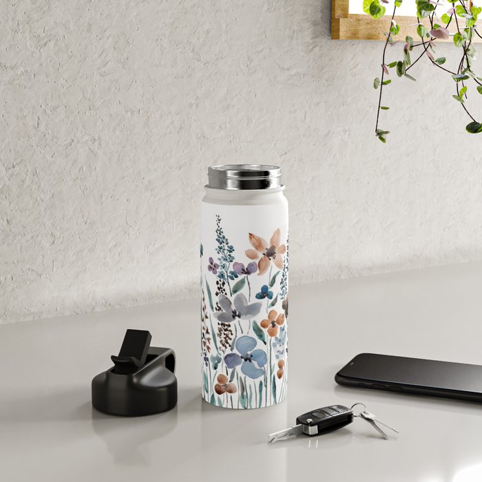 watercolor blue brown wildflower field  Water Bottle Gallery Image 4