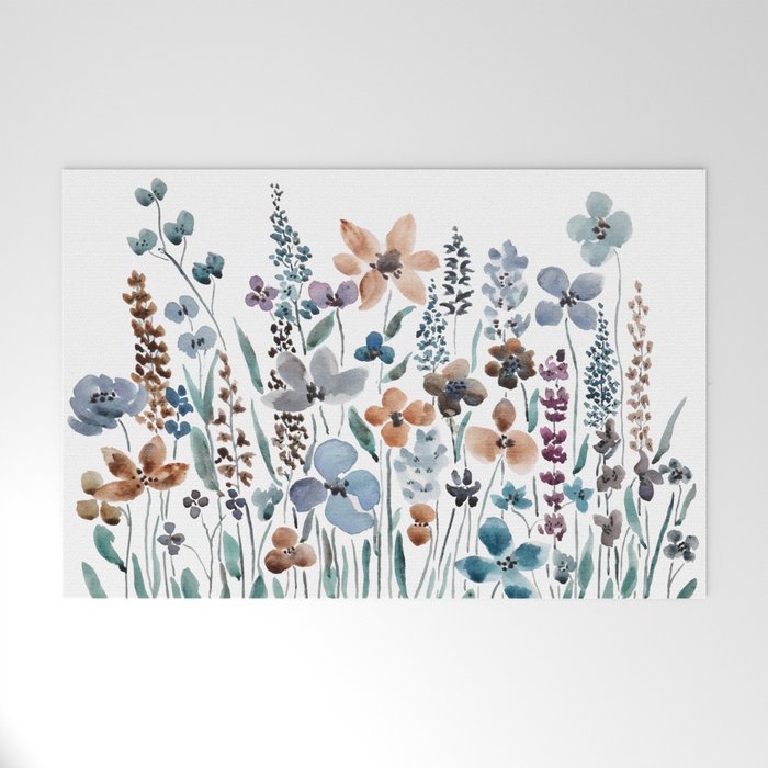 watercolor blue brown wildflower field  Welcome Mat Gallery Image 1