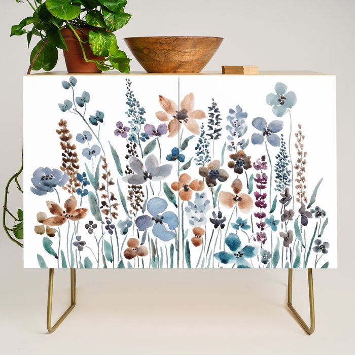 watercolor blue brown wildflower field  Credenza Gallery Image 1