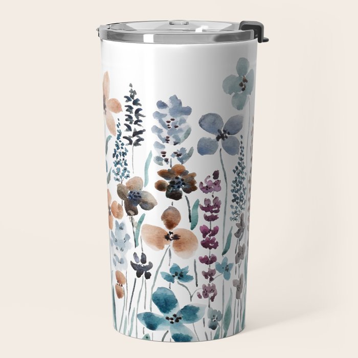 watercolor blue brown wildflower field  Travel Mug Gallery Image 2