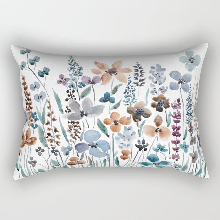watercolor blue brown wildflower field  Rectangular Pillow Gallery Image 1