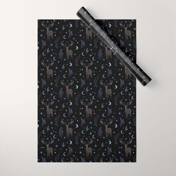 Deer in Winter Night Forest Wrapping Paper Gallery Image 1