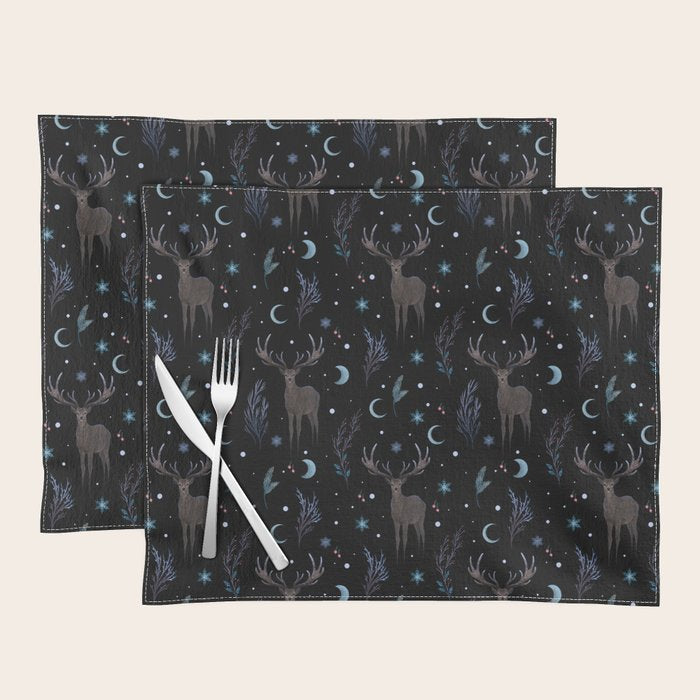 Deer in Winter Night Forest Placemat Gallery Image 1