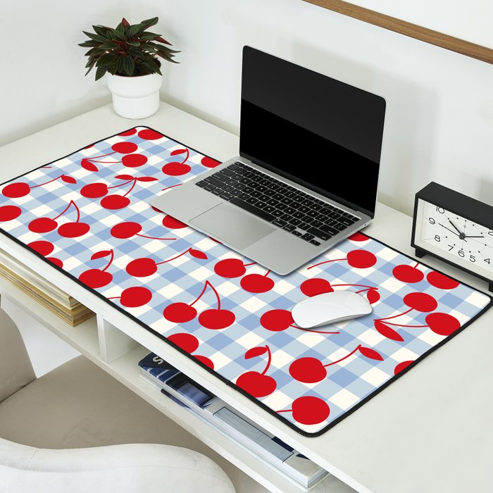 Red Cherries & Baby Blue Gingham Desk Mat Gallery Image 2