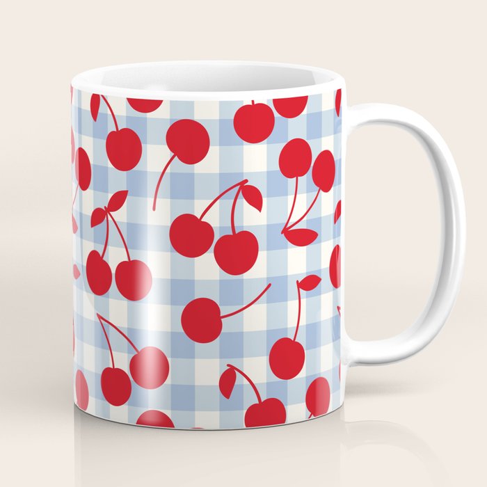Red Cherries & Baby Blue Gingham Coffee Mug Gallery Image 1
