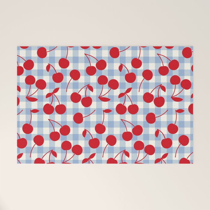 Red Cherries & Baby Blue Gingham Welcome Mat Gallery Image 1