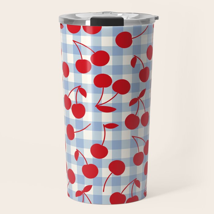 Red Cherries & Baby Blue Gingham Travel Mug Gallery Image 1