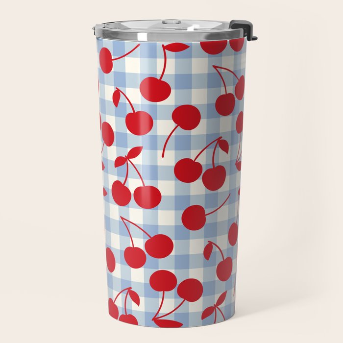 Red Cherries & Baby Blue Gingham Travel Mug Gallery Image 2