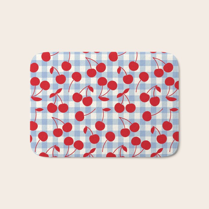 Red Cherries & Baby Blue Gingham Bath Mat Gallery Image 1