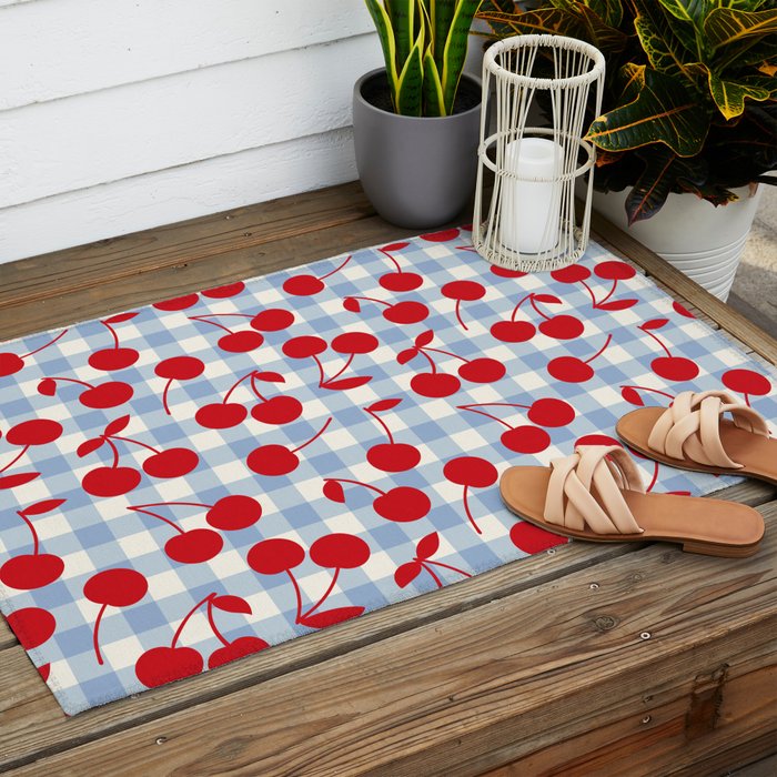 Red Cherries & Baby Blue Gingham Outdoor Rug Gallery Image 2