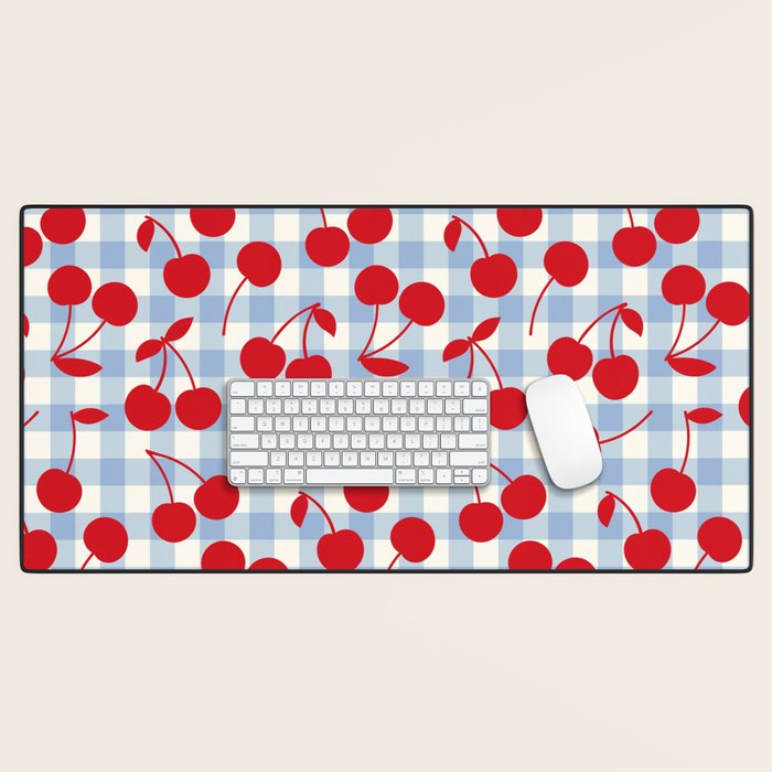 Red Cherries & Baby Blue Gingham Desk Mat Gallery Image 1