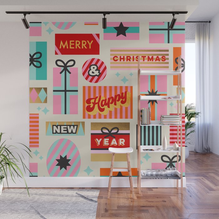 Retro Christmas Gift pattern with Season's Greetings Wall Mural Gallery Image 1