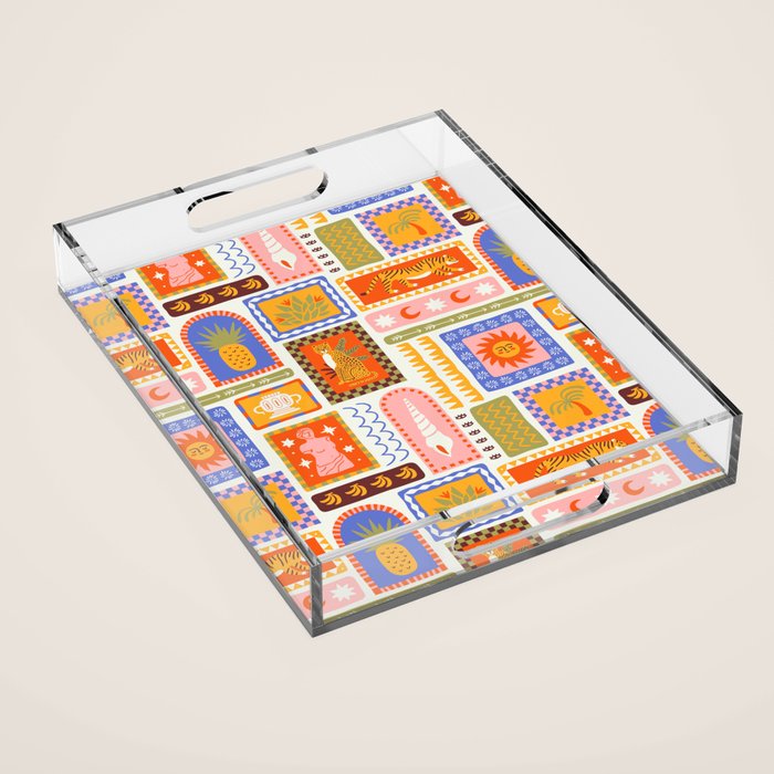 Vintage tropical summer patchwork tapestry pattern Acrylic Tray Gallery Image 1